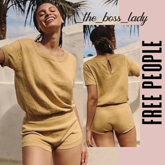Free People romper knit cotton linen elastic waist boho summer stretchy Small - Picture 1 of 10
